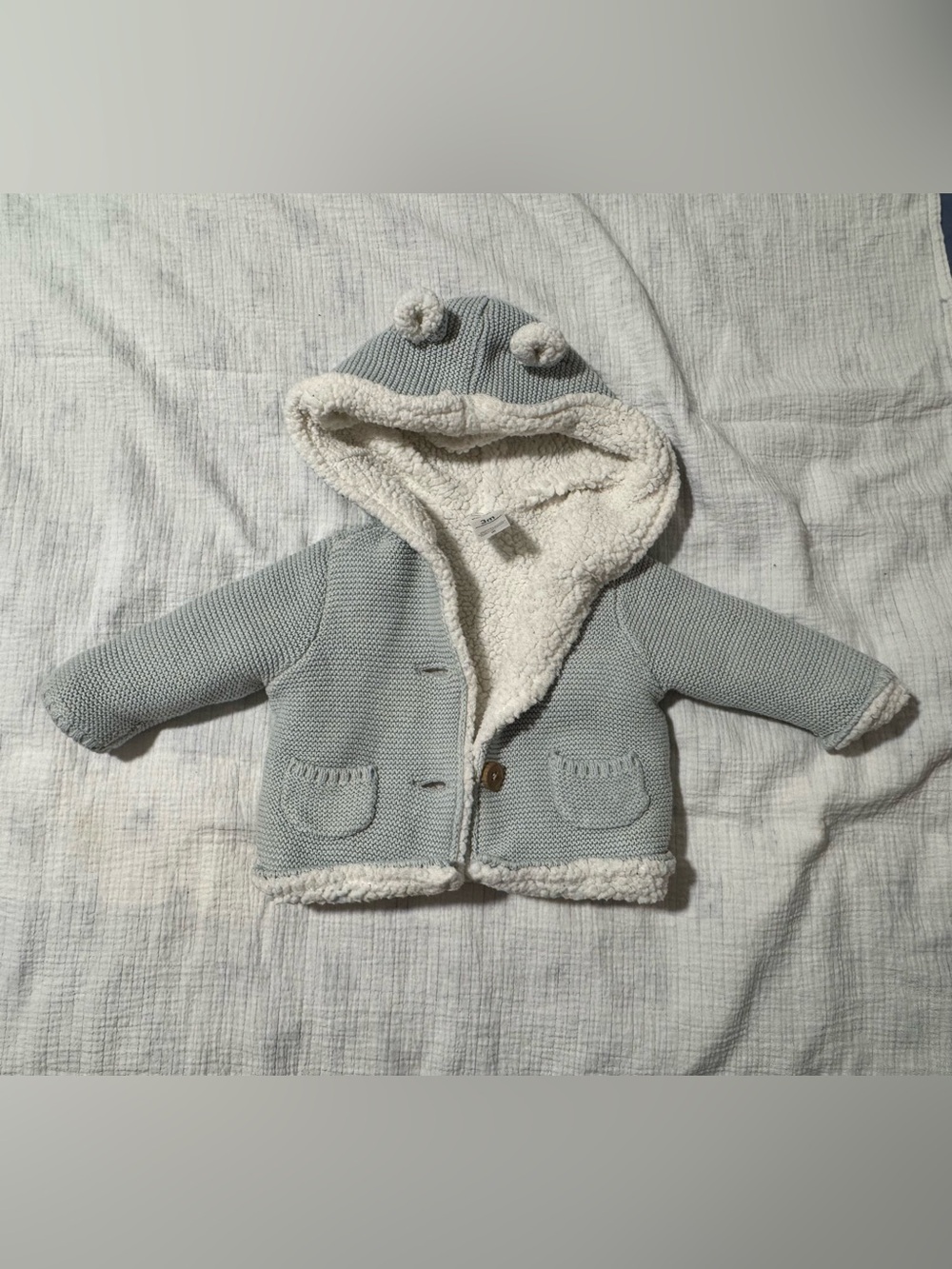 Carter's Light Gray Knit Hooded Sherpa Jacket with Pom Trim
